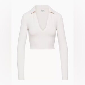 Aritizia Contour Polo Crop Long Sleeve Top in White Sand Size S